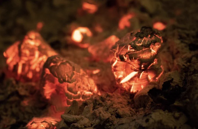 Glowing embers and ash, soft orange light in darkness