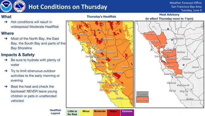 Info Graphic from the National Weather Service stating "A Heat Advisory has been just been issued by the National Weather Service for a majority of the Bay Area including ALL of Santa Rosa. The Advisory goes into effect Thursday June 11th from noon until 11 p.m. The NWS expects high temperatures reaching the 90s to the triple digits within the North Bay Valleys including Santa Rosa, CA."
