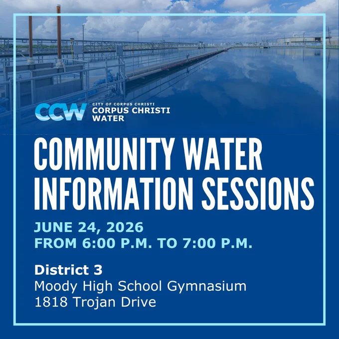 Image of the O. N. Stevens Water Treatment Plant with text. There will be a Community Water Information Session in District 3 on Wednesday, June 24, 2026, from 6:00 p.m. to 7:00 p.m., at the Moody High School Gymnasium, 1818 Tojan Drive.