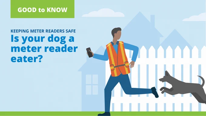 An illustration of a meter reader being chased by a dog in front of a picket fence. The headline reads Good to Know: Keeping Meter Readers Safe. Is your dog a meter reader eater?