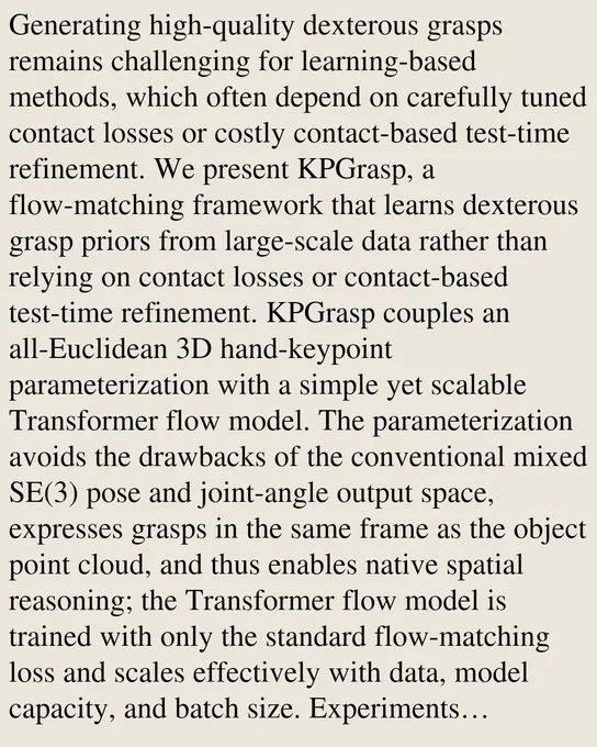 Generating high-quality dexterous grasps remains challenging for learning-based methods, which often depend on carefully tuned contact losses or costly contact-based test-time refinement. We present KPGrasp, a flow-matching framework that learns dexterous grasp priors from large-scale data rather than relying on contact losses or contact-based test-time refinement. KPGrasp couples an all-Euclidean 3D hand-keypoint parameterization with a simple yet scalable Transformer flow model. The parameterization avoids the drawbacks of the conventional mixed SE(3) pose and joint-angle output space, expresses grasps in the same frame as the object point cloud, and thus enables native spatial reasoning; the Transformer flow model is trained with only the standard flow-matching loss and scales effectively with data, model capacity, and batch size. Experiments demonstrate state-of-the-art performance on two simulation benchmarks. On the Dexonomy benchmark, it reaches a 76.3% grasp success rate, impro