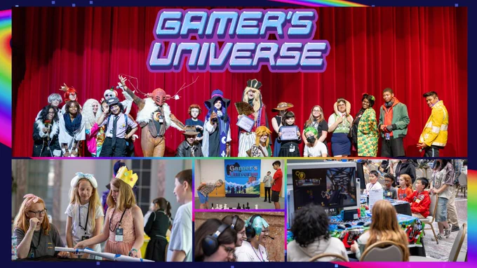 Scenes from Gamer's Universe 2026, including a cosplay competition, children playing giant chess and a gaming competition on computers.