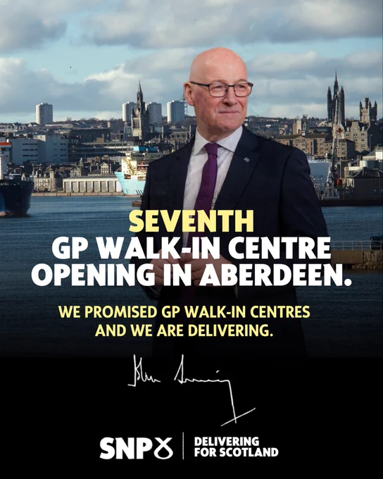 Graphic with John Swinney in the foreground and Aberdeen City skyline in the background, with text: Seventh GP walk-in centre opening in Aberdeen. We promised GP walk-in centres and we are delivering. 