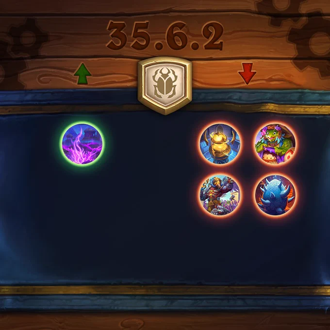 Hearthstone patch 35.6.2 graphic showing Crystallized Leyline buffed on the left with a green arrow, and The Eternal Hold, Hatchery Helper, Confront the Tolvir, and Twilight Egg nerfed on the right with a red arrow.