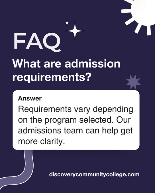 A purple FAQ graphic asks about admission requirements beside a response explaining that requirements vary by program and that admissions staff can help answer student questions.