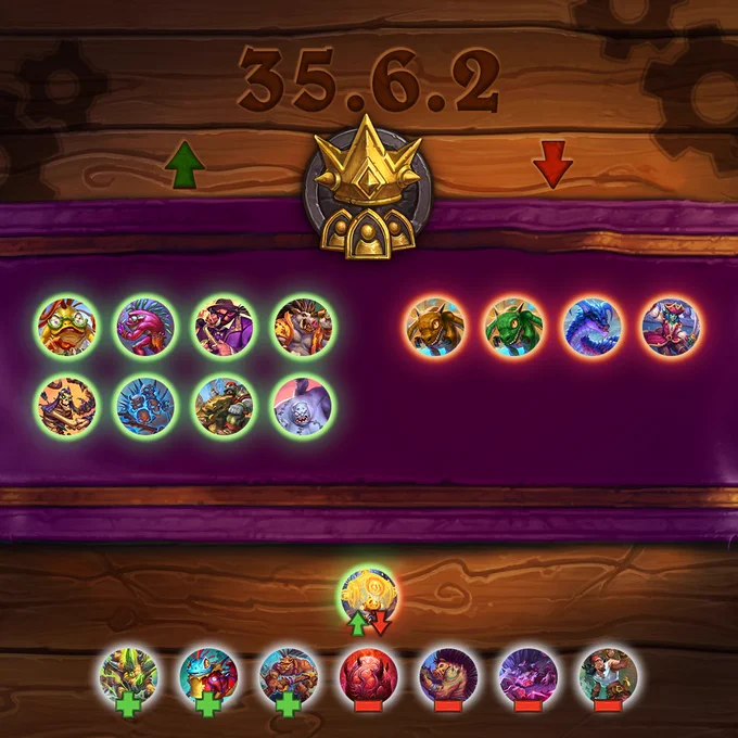 Hearthstone Battlegrounds patch 35.6.2 graphic showing Bream Counter, Primitive Painter, Moon Bacon Jazzer, Hot Air Surveyor, Dustborn Devastator, Skeletal Strafer, Dead Sea Ravager, and Butchering buffed on the left with green arrows, Bronze Chromadrake, Green Chromadrake, Twilight Broodmother, and Brazen Buccaneer nerfed on the right with red arrows, Holo Rover marked as mixed with both arrows, and Felhorn, Costume Enthusiast, and Trench Fighter added while Egg of the Endtimes, Bristleback Bully, Skulking Bristlemane, and Ship Jumper are removed along the bottom row.