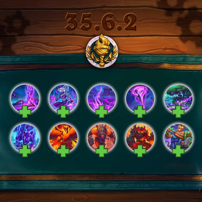 Hearthstone Arena patch 35.6.2 graphic showing added cards Bursting Leyline, Ley Walker, Crystallized Leyline, Surge Needle, Leyline Nexus, Mystic Runesaber, Destructive Phoenix, Baleful Blazer, Primordial Lord, and Tunneling Geomancer displayed with green plus icons.