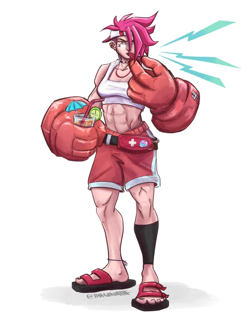 Digital illustration fan art of Pool Party Vi wearing a lifeguard inspired outfit, backwards visor, with oversized floatie gauntlets. She’s holding tropical drink and and blowing on her whistle