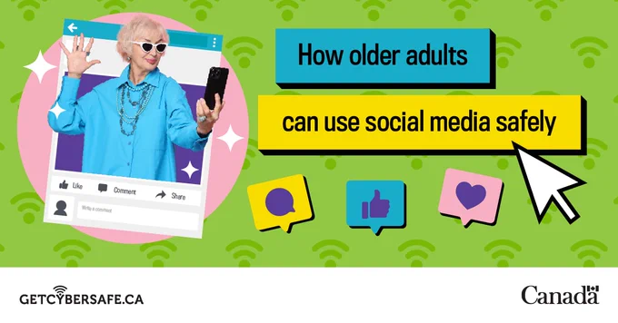 An older adult taking a selfie. Image text: How older adults can use social media safely