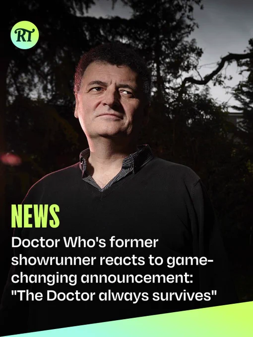 Steven Moffat stands in a dark outdoor setting and looks off to the side, wearing a black jumper. Below, a Radio Times headline reads: "Doctor Who's former showrunner reacts to game-changing announcement: "The Doctor always survives""