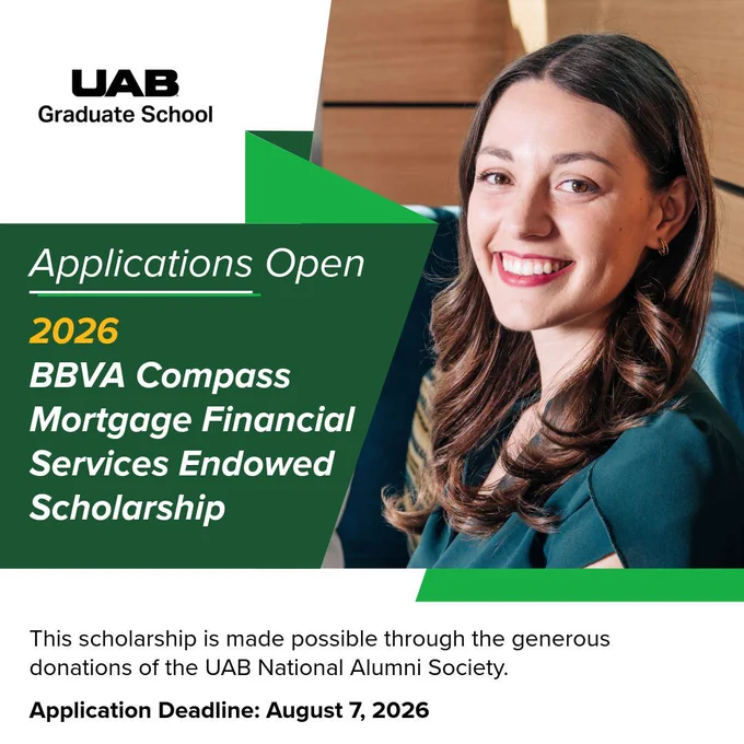 A graphic announcing that applications are open for the 2026 BBVA Compass Mortgage Financial Services Endowed Scholarship.