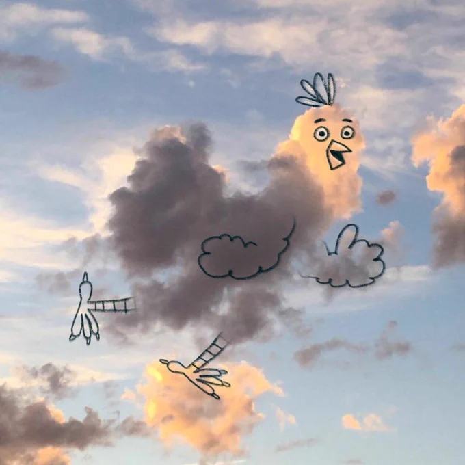 A photograph of a cloud with an overlaid drawing of a chicken. By Chris Judge.