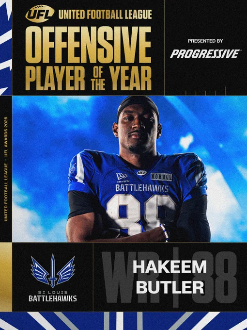 An award poster celebrating Hakeem Butler as the UFL Offensive Player of the Year for 2026, presented by Progressive. The design features a player in a blue St. Louis Battlehawks uniform against a vibrant blue background.