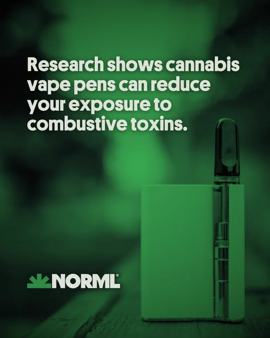 Headline reads, "Research shows cannabis vape pens can reduce your exposure to combustive toxins." Image shows a cannabis vape pen standing upright on a table.