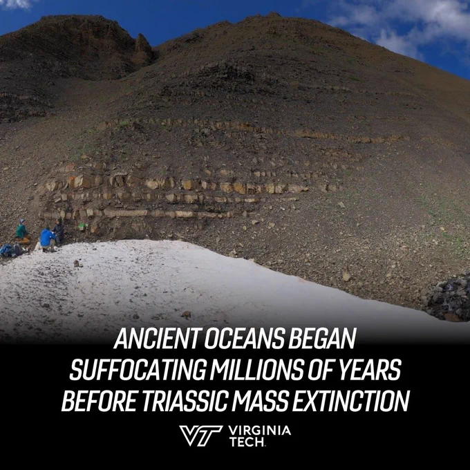 Members of a field team examine an outcrop of rock layers in Grotto Creek in Alaska's Wrangell–St. Elias National Park in 2019. Text reads "Ancient oceans began suffocating millions of years before Triassic mass extinction."