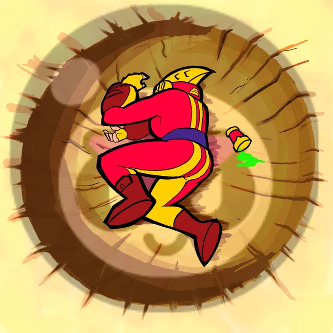 Max Brawl Stars posing like Yamcha at the bottom of a crater that has Meeple’s head painted over it