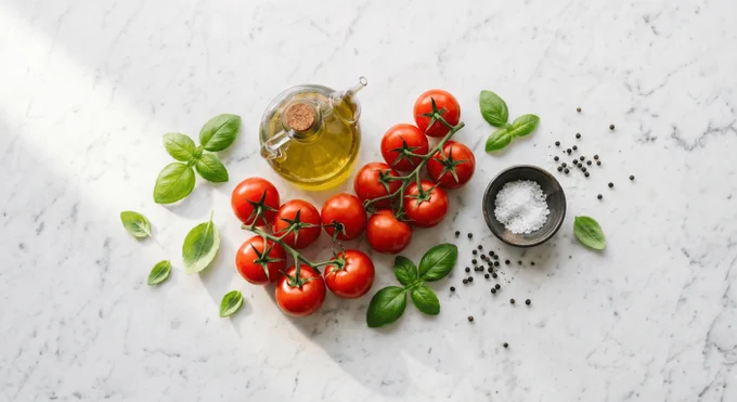 Fresh cooking ingredients on a white marble surface. A cluster of vine tomatoes and a small glass cruet of olive oil are surrounded by fresh green basil leaves, a small bowl of salt, and scattered black peppercorns.