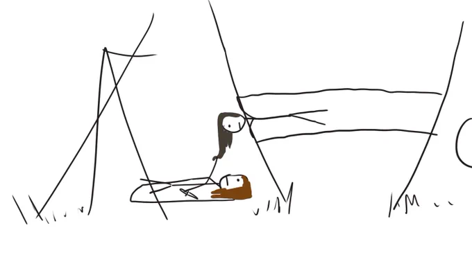 a stick figure drawing of shauna lying down in her hut while lottie lies with her head sticking out of the chuck e cheese hamster tube watching her. shauna is playing with lottie's hair