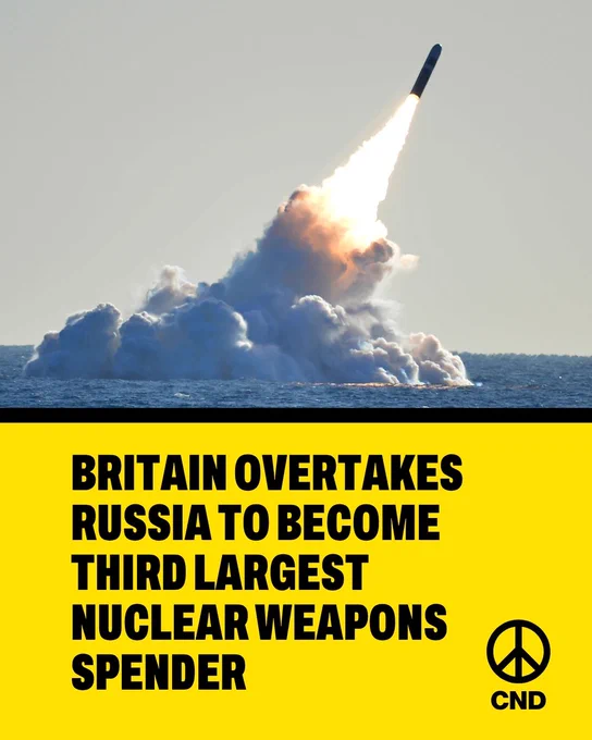 Graphic with CND logo and image of a Trident missile test. Text below image reads: Britain overtakes Russia to become third largest nuclear weapons spender.