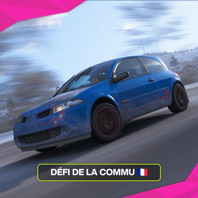 A blue Renault car is driving on a snowy road. The vehicle is slightly dirty, suggesting off-road activity. The scene is energetic, with motion blur indicating speed. A banner at the bottom reads "Défi de la Commu" with a French flag.