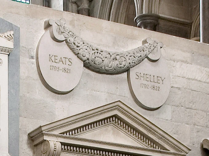 Marble plaques on a stone wall display the names "Keats 1795-1821" and "Shelley 1792-1822," linked by a decorative floral garland. The setting has a classical architectural style with a triangular pediment below the plaques.
