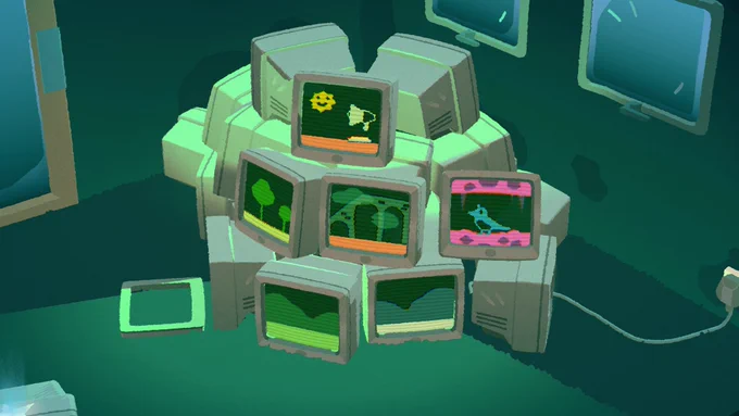 A 2D magpie appears on one of the screens of a pile of old CRT monitors depicting a
pixelated adventure game. The screens glow green in the dark of the room.