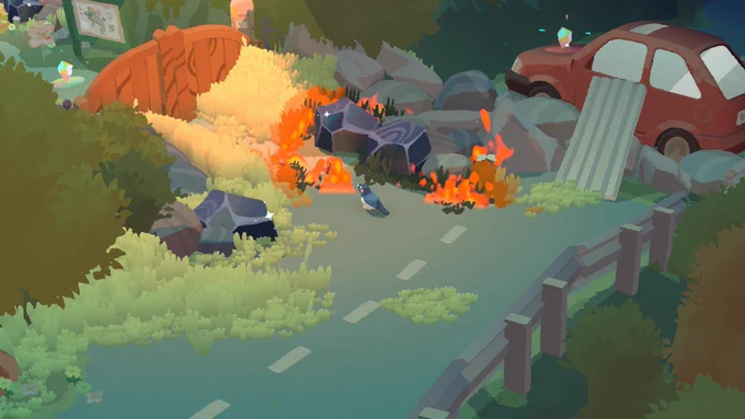 A magpie stands at a fork in a road and watches as a fire spreads across some dry grass
towards a wooden gate. The magpie’s calm demeanour implies it is responsible for the
destruction.