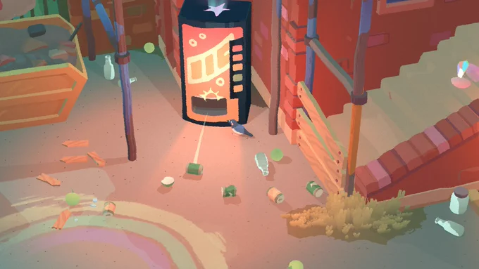 A magpie stands in an abandoned schoolyard at dusk, surrounded by scattered cans and
bottles. It has just pecked a vending machine, which spits out a soda can.