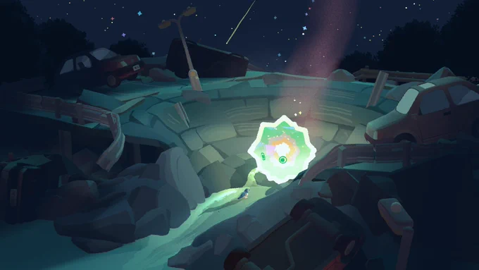 A small magpie tentatively approaches an alien-looking fallen star that has crash landed into
a multistory car park. Shooting stars decorate the night sky.