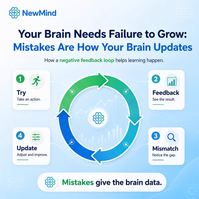 Infographic illustrating the brain's negative feedback loop — the cycle of try, get feedback, notice the mismatch, and update that drives learning