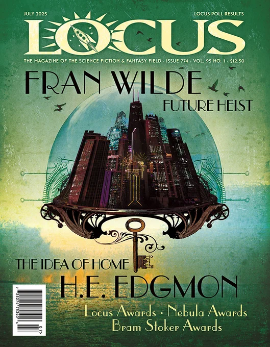 Locus magazine cover- floating city on green background