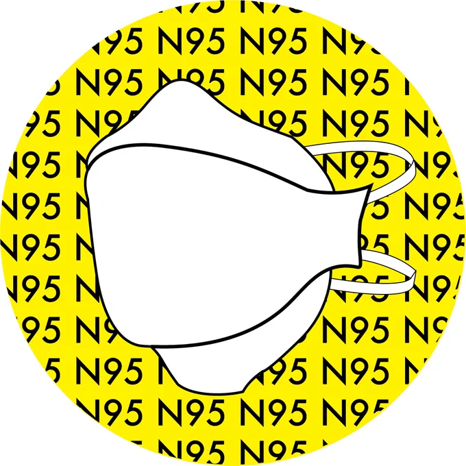 Circle graphic with yellow background and repeated black text that says "N95" and a line drawing of a white N95 mask in the center.