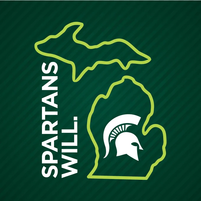 Dark green background with diagonal stripes. A lime green outline of Michigan's upper and lower peninsulas contains a white Spartan helmet in the lower part. White text 'SPARTANS WILL.' runs vertically on the left.