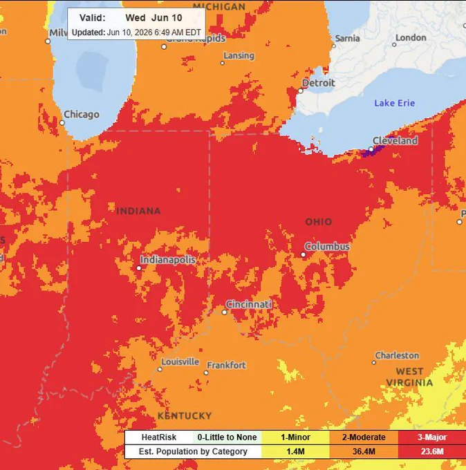 This map is of the National Weather Service's experimental Heat Risk Map. It shows that most of Indiana is in the red, which indicates major heat risk. Major heat risk is a combination of heat and humidity that puts anyone without cooling and hydration at risk. The heat can also affect health systems and industries. 

The red on the map extends to the southwest through southeastern Illinois and northeastern Kentucky. It also extends to the northeast to affect most of northern Ohio. 