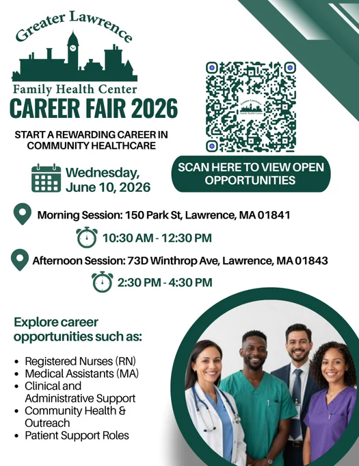 Greater Lawrence Family Health Center Career Fair 2026 details with QR code and session times in Lawrence, MA.