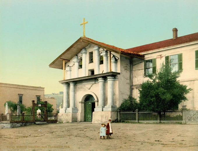 A photochrome image of Mission Dolores in San Francisco, produced by the Detroit Publishing Co., circa 1895.