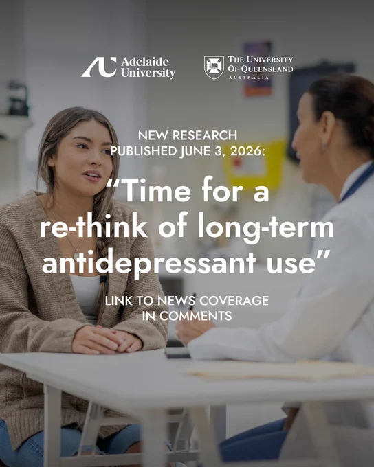 Background image:
Photo of young woman patient on left looking to woman doctor on right, sitting across a white desk in a healthcare setting.

Text overlay:
NEW RESEARCH PUBLISHED JUNE 3, 2026
"Time for a re-think of long-term antidepressant use"
LINK TO NEWS COVERAGE IN COMMENTS