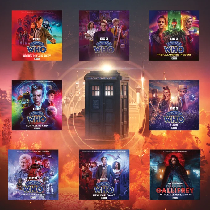 Many Big Finish Doctor Who audio drama covers surrounding the TARDIS. 