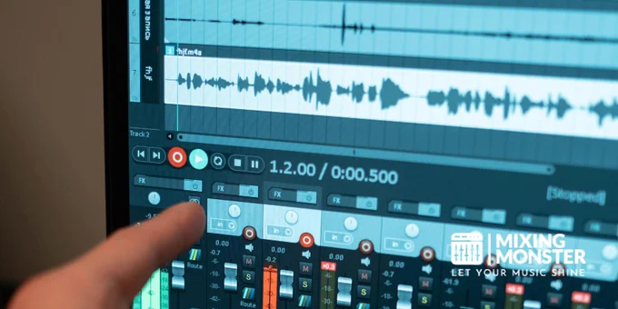Close-up of a hand pointing at audio editing software on a monitor in a recording studio.