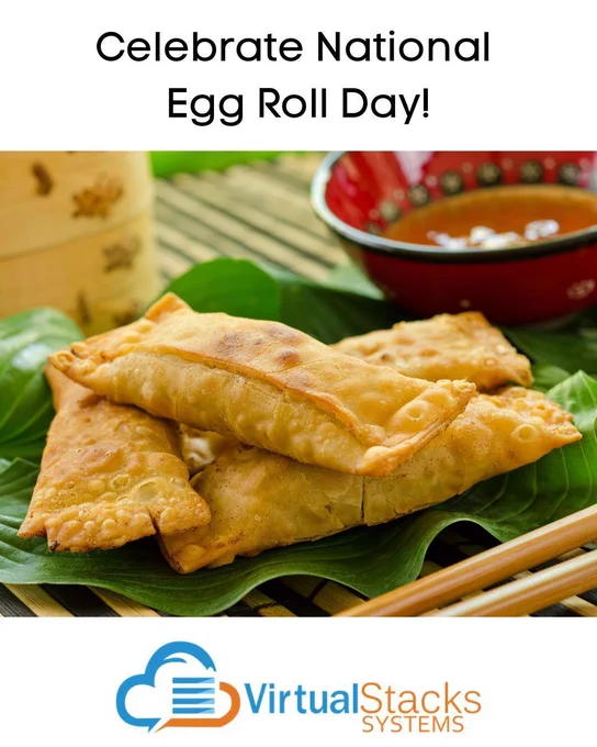 Photo illustration of egg rolls on a serving plate; Virtual Stacks Systems logo.