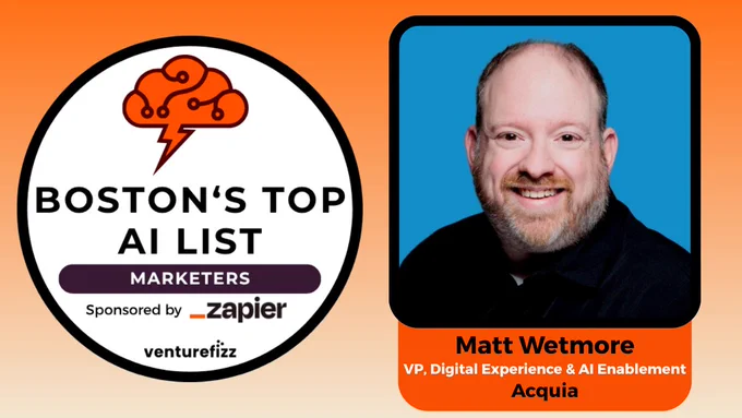 Circular badge reading 'Boston's Top AI List Marketers' sponsored by Zapier and VentureFizz with an orange brain and lightning bolt icon.