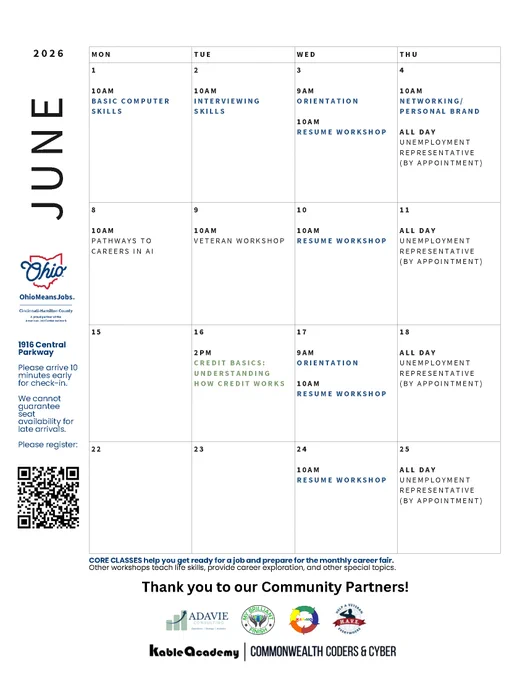 A schedule for the June Job Readiness workshops.
