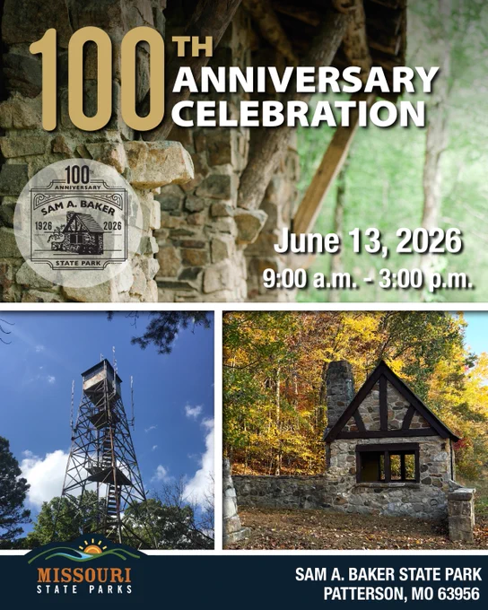 Stone structure with 100th anniversary celebration text for Sam A. Baker State Park on June 13, 2026, from 9 a.m. to 3 p.m.