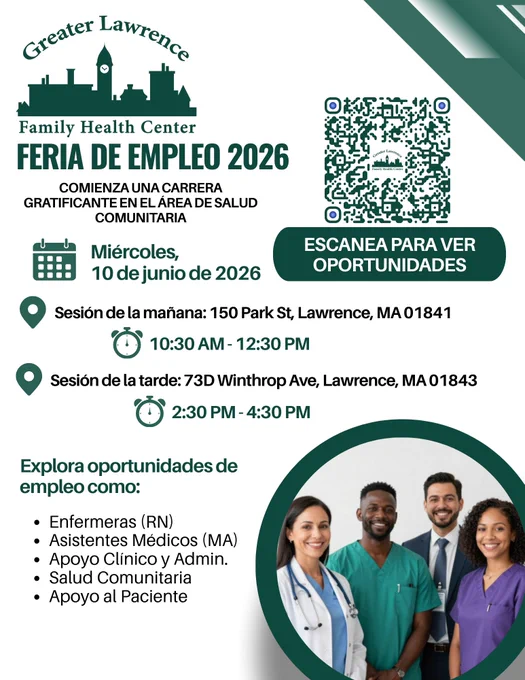 Detalles de la Feria de Empleo 2026 del Greater Lawrence Family Health Center, con código QR y horarios de las sesiones, en Lawrence, MA