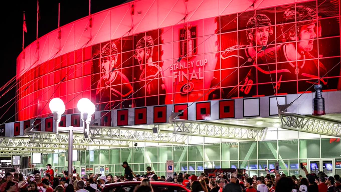 Photo of the 14 warning flags hanging outside the Lenovo Center 