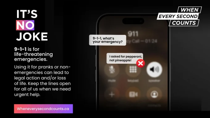 Graphic warning that 9-1-1 is only for life-threatening emergencies, showing a phone call with a prank about pizza toppings being rejected