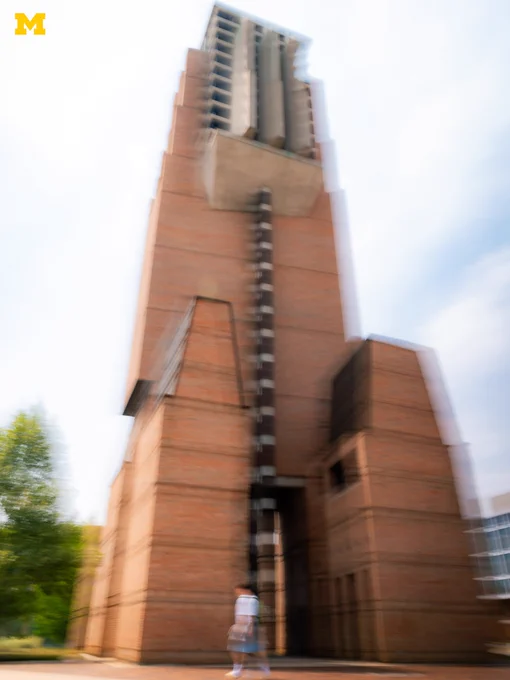 A motion blur photo of Lurie Tower on North Campus.