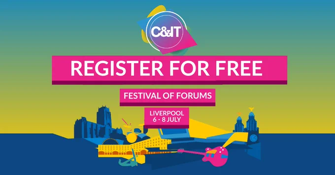 Promotional graphic with a bright gradient background (green, yellow, and blue) featuring the C&T logo at the top. Large bold text reads “REGISTER FOR FREE,” with smaller text below stating “FESTIVAL OF FORUMS” and “LIVERPOOL 6–8 JULY.” Stylised illustrations of Liverpool landmarks, including a cathedral, waterfront buildings, and a clock tower, appear along the bottom, alongside an anchor, laptop, and electric guitar.