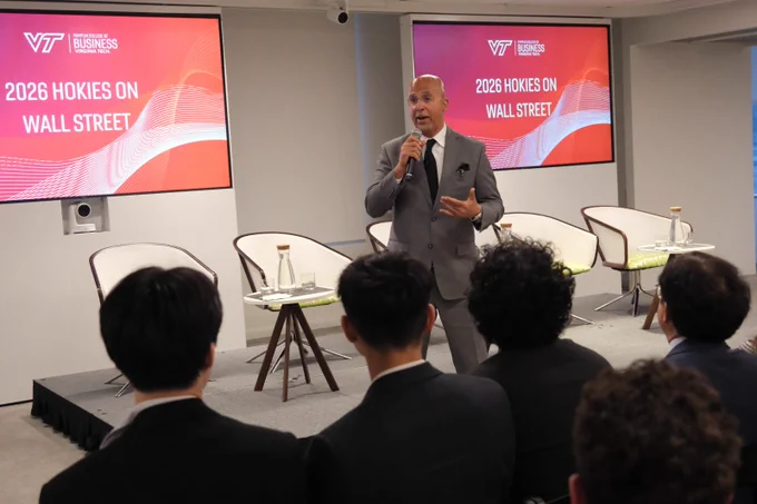 Coach Franklin addresses a group of Pamplin students and alumni during the Hokies on Wall Street program in New York City 