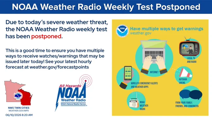 Due to today’s severe weather threat, the NOAA Weather Radio weekly test has been postponed. This is a good time to ensure you have multiple ways to receive watches/warnings that may be issued later today! See your latest hourly forecast at weather.gov/forecastpoints